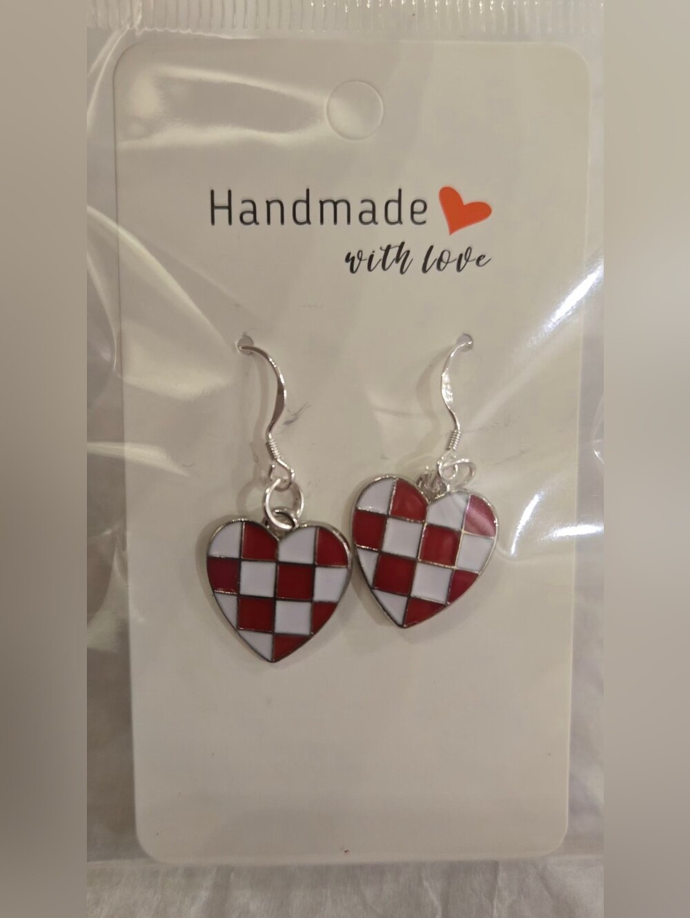 Red & White Silver Checkered Heart Dangle Earrings Croatia Fifa World Cup Soccer